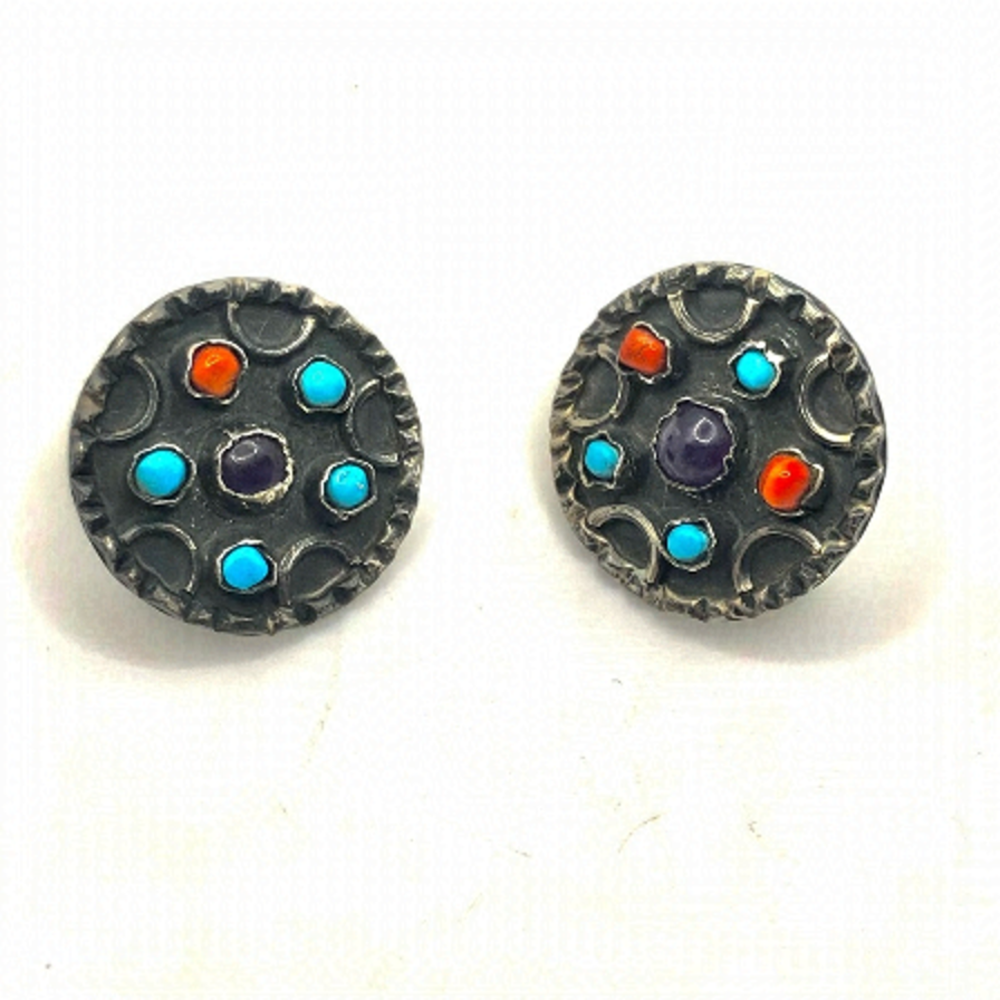 Vtg Taxco Sterling Amethyst Turquoise Coral Round Brutalist Stud Earrings 1.1”